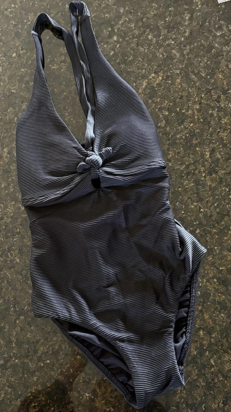 Lands End Women One-Piece Swimsuit Black Ribbed Textured Knot Front Size 2